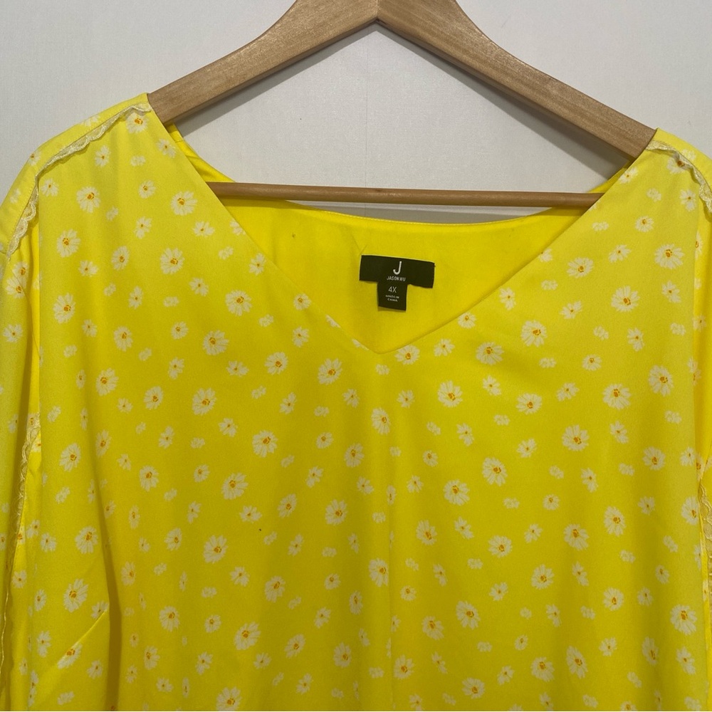Jason Wu 4X Yellow Daisy Floral Blouse Long Sleeve V Neck Plus Size Top‎ - Picture 2 of 11